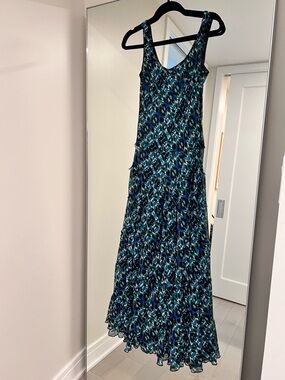 Vintage Sheer Sleeveless Teal & Navy Printed Maxi Dress